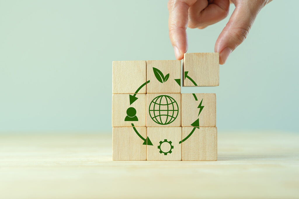 stocked blocks with sustainable packaging company related graphics in a circle